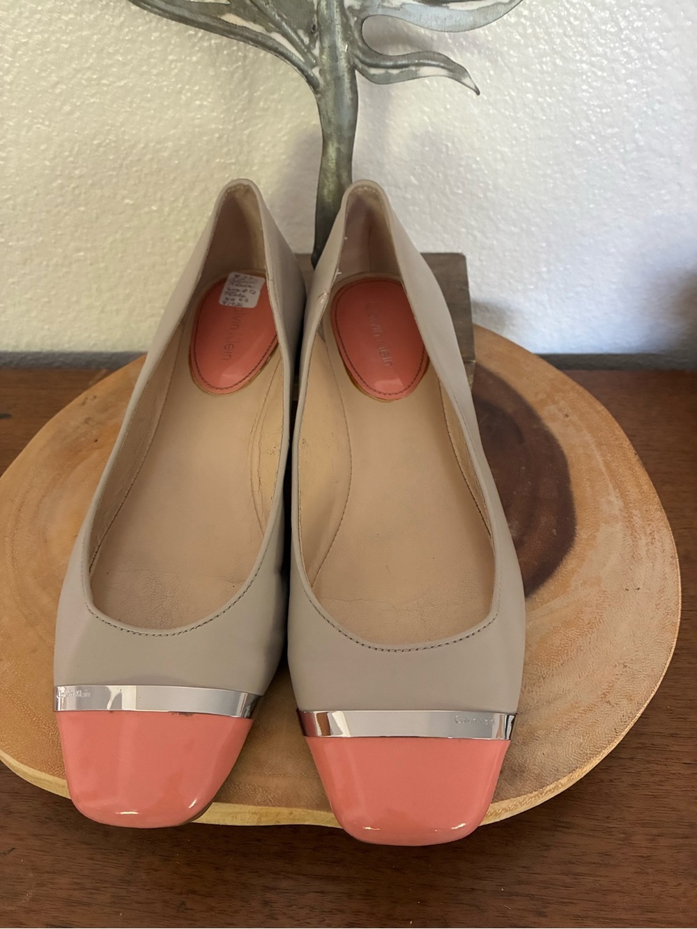 Calvin Klein Beige Flats with Coral Cap-Toe and Silver Trim